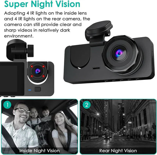 3 Channel Dash Cam 1080P Front Rear Inside Camera for Complete Driving Security