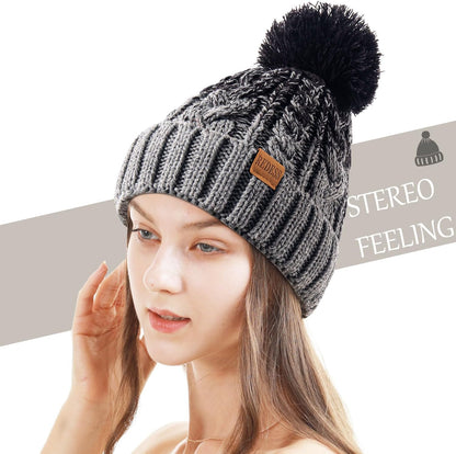 Women Winter Pompom Beanie Hat with Warm Fleece Lined, Thick Slouchy Snow Knit Skull Ski Cap