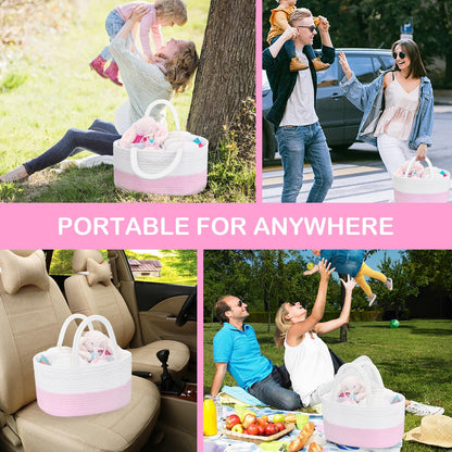 Diaper Caddy Organizer - Cotton Rope Nursery Storage Basket for Baby Essentials, Boys & Girls Shower Gift, Changing Table Organizer, Pink