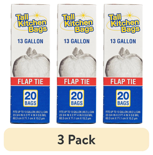 (3 Pack)  Basic Kitchen Trash Bags, 13 Gallon, 20 Bags (Flap Tie)