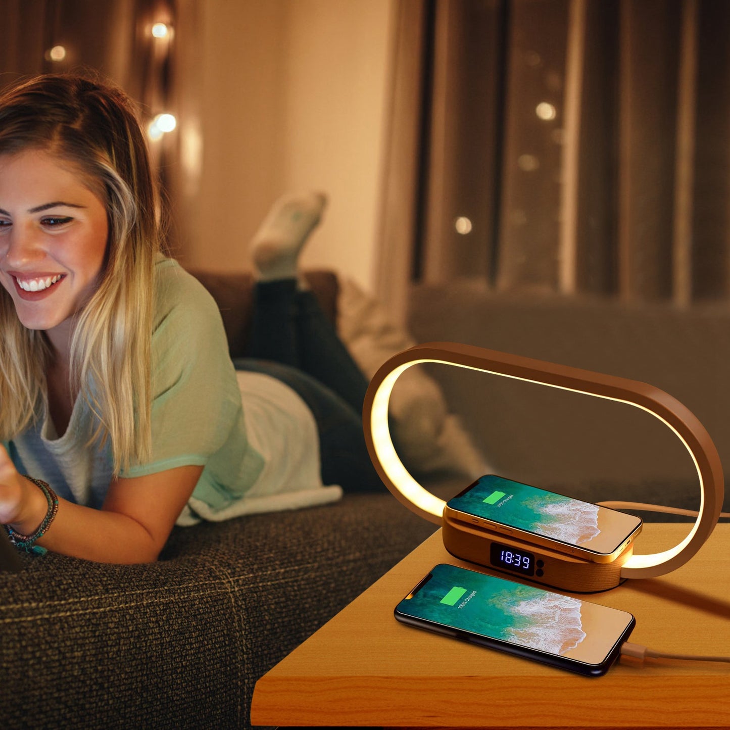 Touch Bedside Lamp with Clock & Wireless Charging