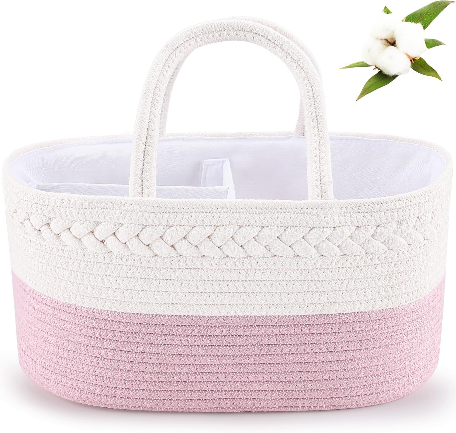 Diaper Caddy Organizer - Cotton Rope Nursery Storage Basket for Baby Essentials, Boys & Girls Shower Gift, Changing Table Organizer, Pink