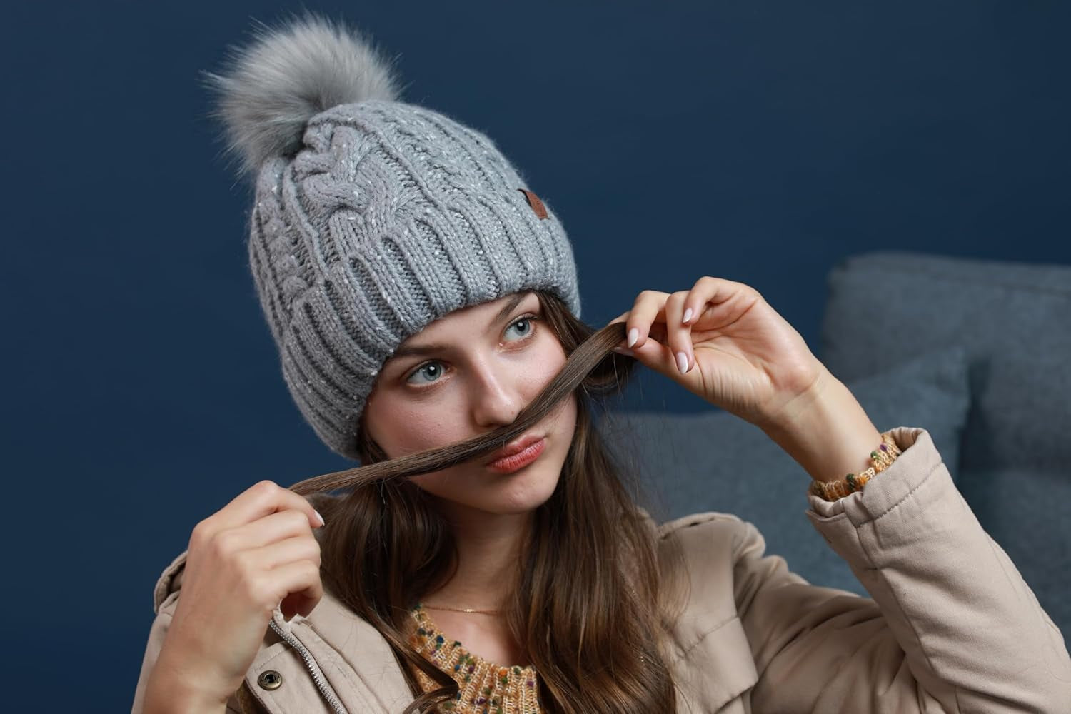 Women Winter Pompom Beanie Hat with Warm Fleece Lined, Thick Slouchy Snow Knit Skull Ski Cap