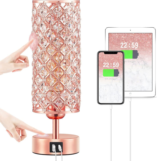 Crystal Table Lamp - 3-Way Dimmable Touch Control, Rose Gold Bedside Lamp with USB C and a Ports, Nightstand Light for Living Room, Bedroom, Home Office (Bulb Included)
